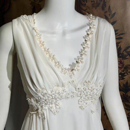 vintage Goddess Chiffon wedding gown with cape, Athena 1970s white empire waist bridal gown