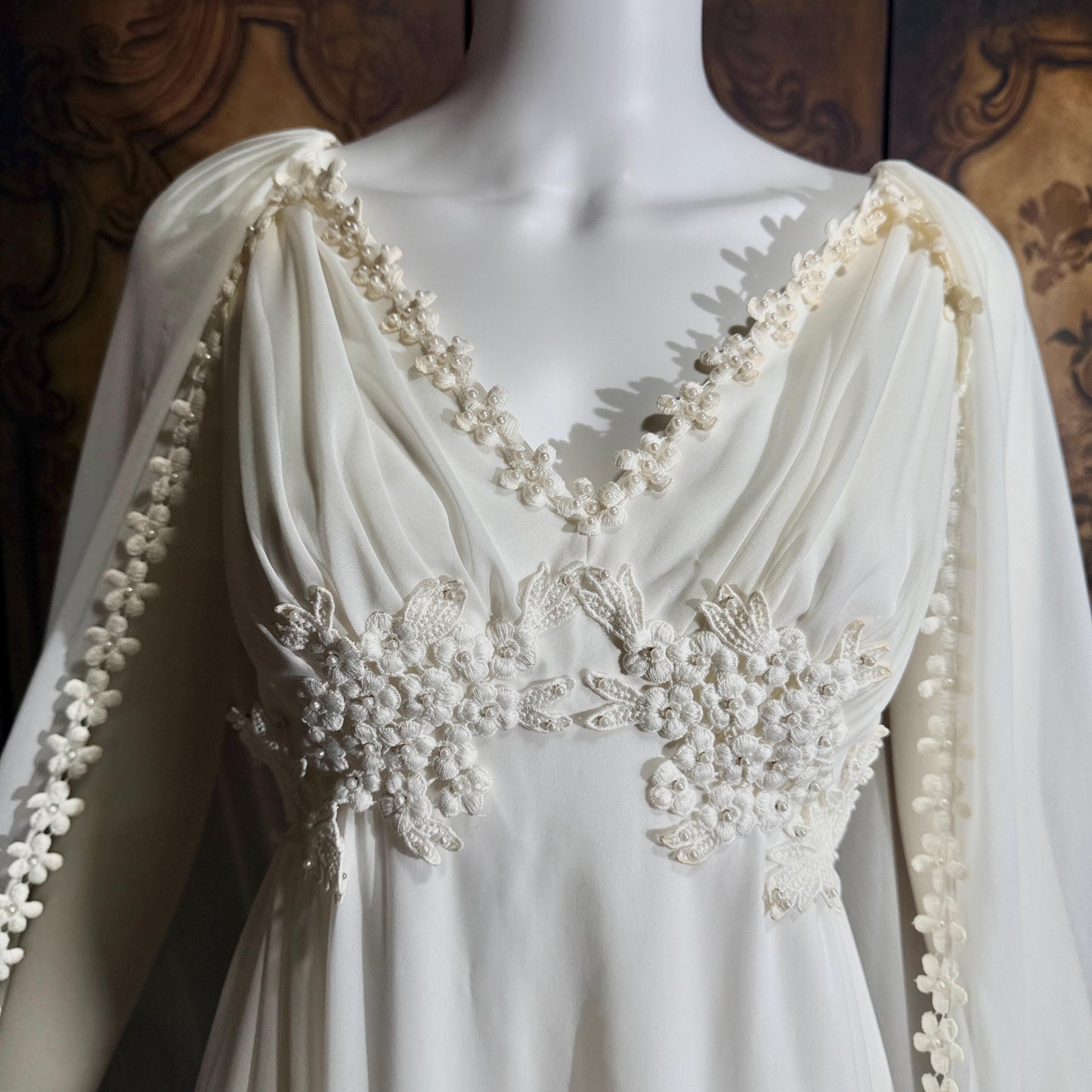vintage Goddess Chiffon wedding gown with cape, Athena 1970s white empire waist bridal gown
