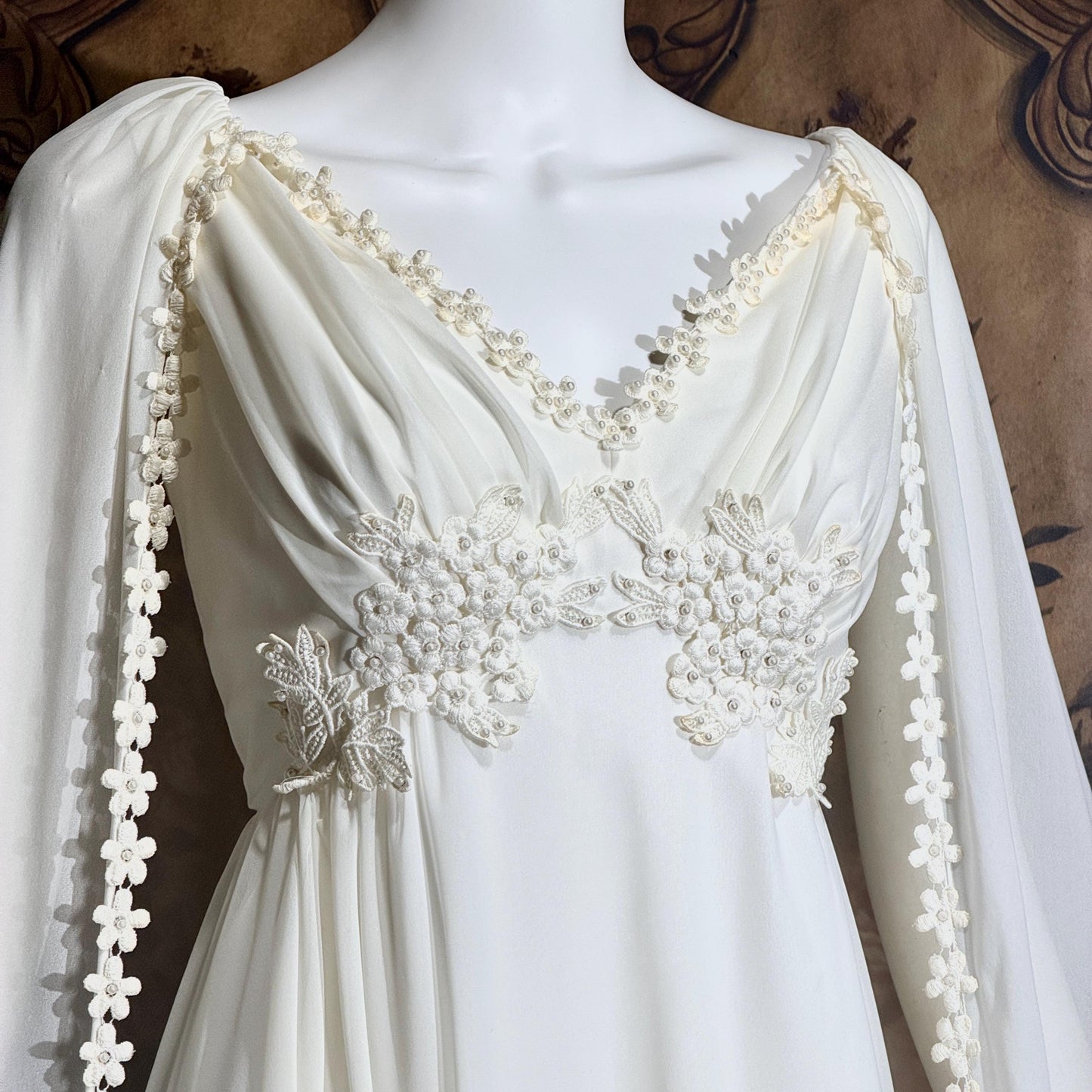 vintage Goddess Chiffon wedding gown with cape, Athena 1970s white empire waist bridal gown