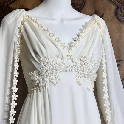 vintage Goddess Chiffon wedding gown with cape, Athena 1970s white empire waist bridal gown