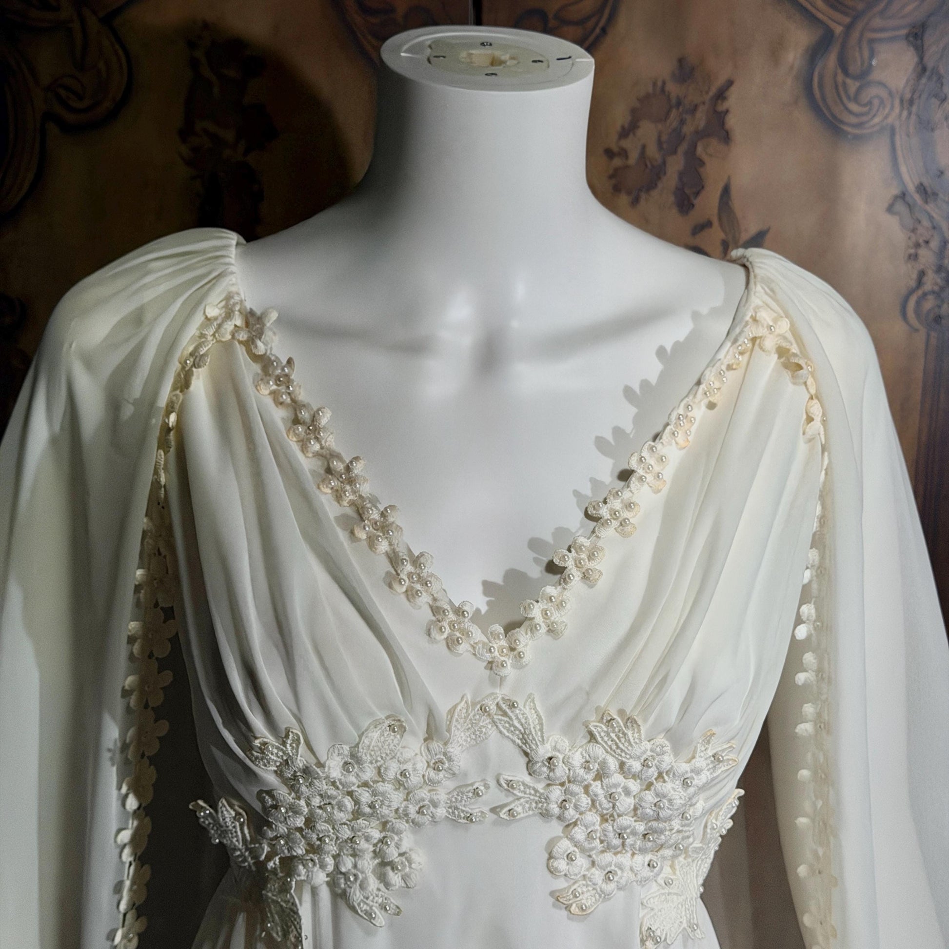 vintage Goddess Chiffon wedding gown with cape, Athena 1970s white empire waist bridal gown