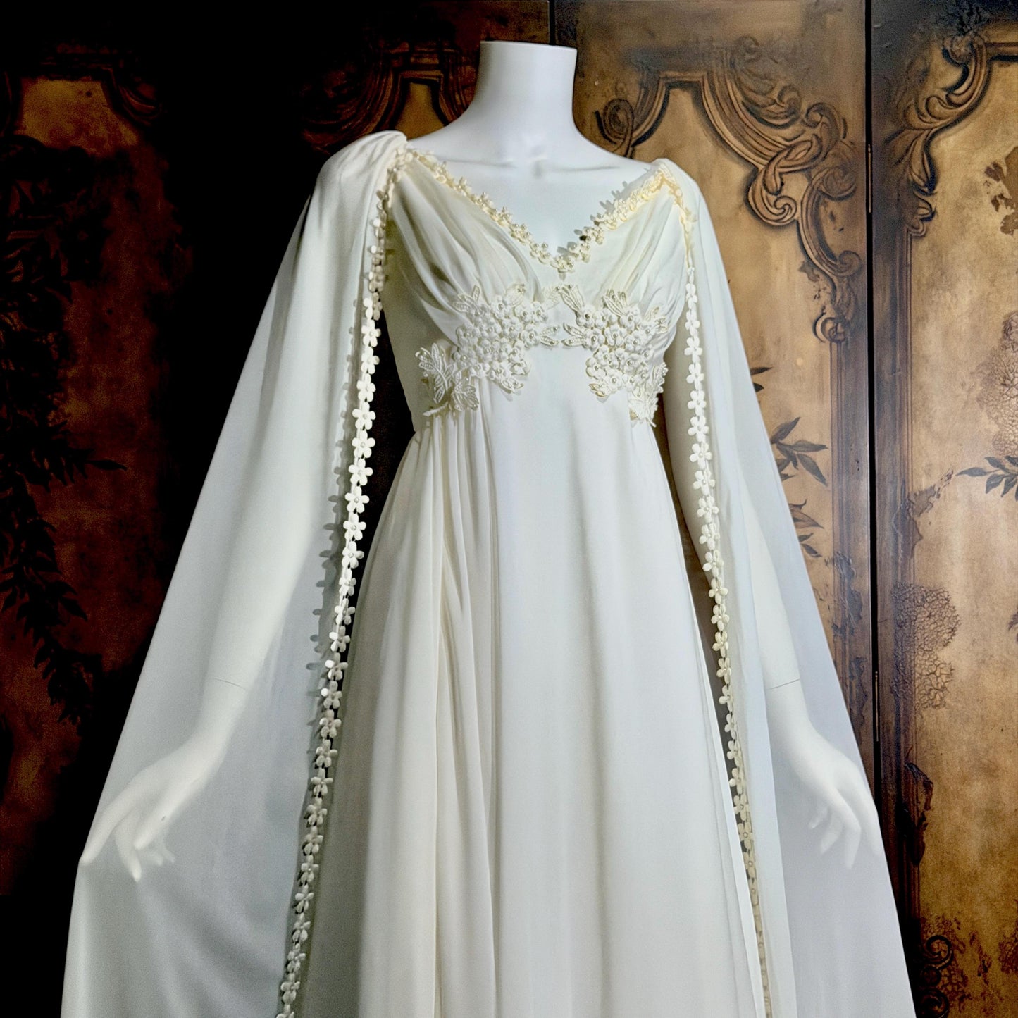 vintage Goddess Chiffon wedding gown with cape, Athena 1970s white empire waist bridal gown