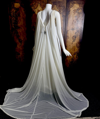 vintage Goddess Chiffon wedding gown with cape, Athena 1970s white empire waist bridal gown