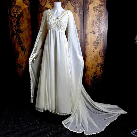 vintage Goddess Chiffon wedding gown with cape, Athena 1970s white empire waist bridal gown