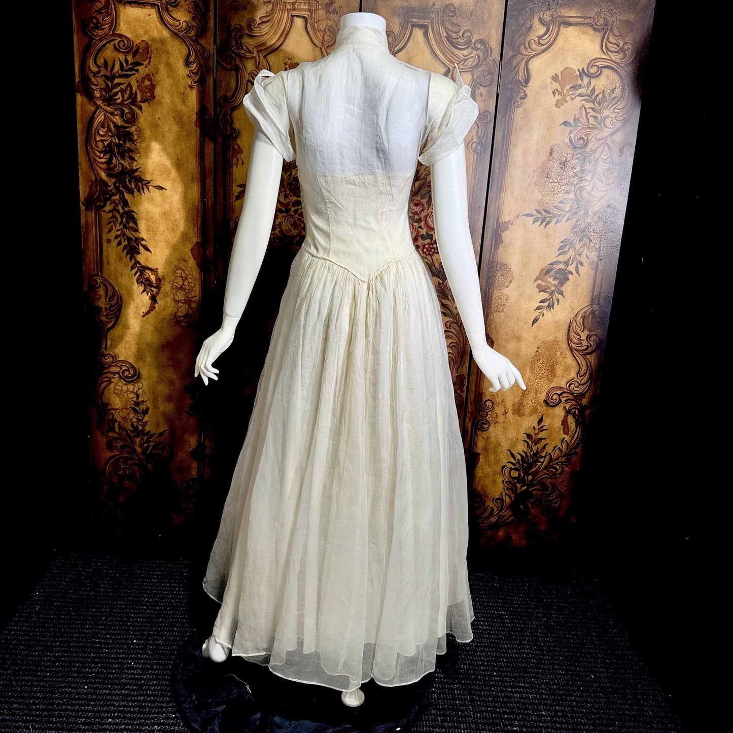 vintage 1940s wedding dress gown, Sheer White Organza with High Neck Full Skirt