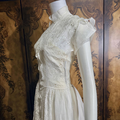vintage 1940s wedding dress gown, Sheer White Organza with High Neck Full Skirt