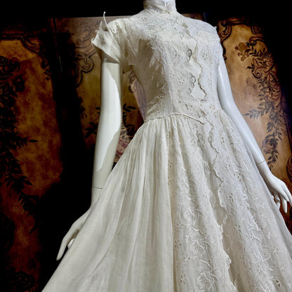 vintage 1940s wedding dress gown, Sheer White Organza with High Neck Full Skirt