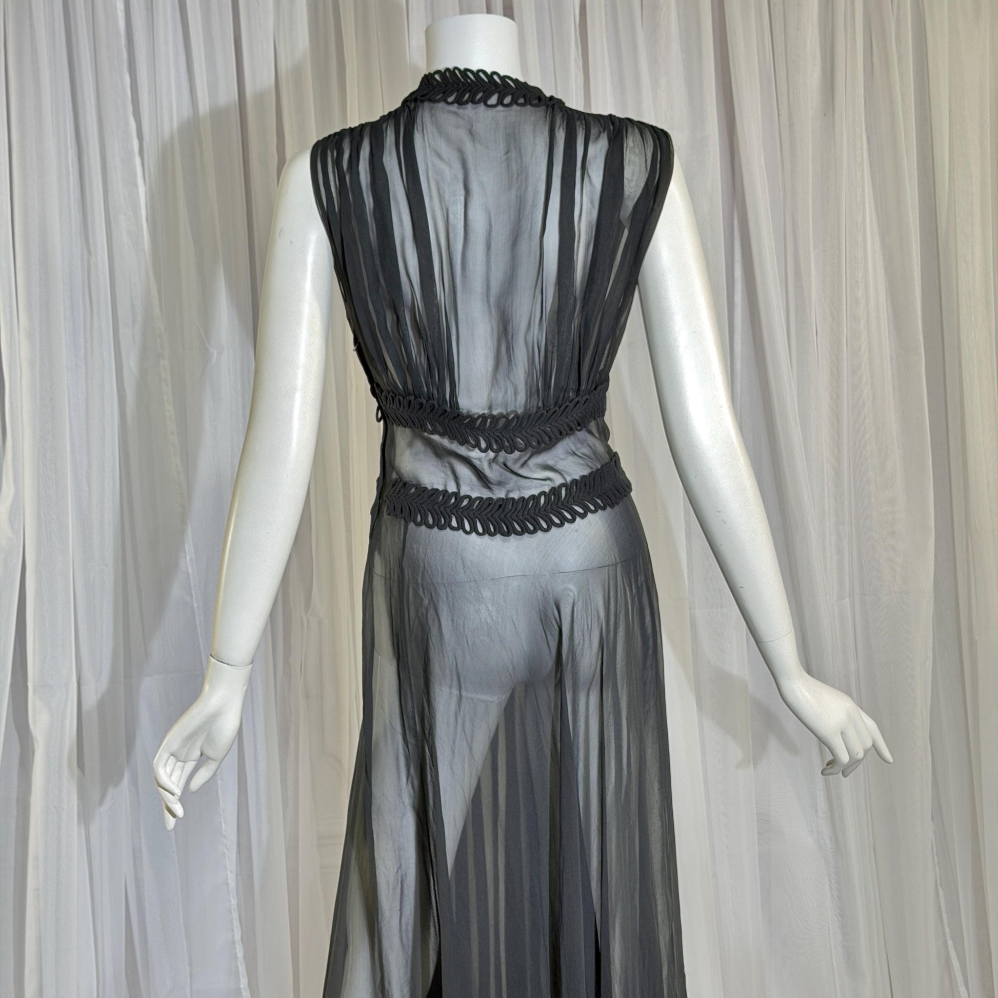 vintage 1930s evening dress, Old Hollywood Black Silk Chiffon totally sheer gown