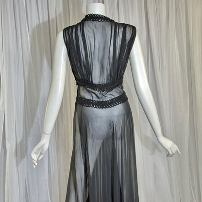 vintage 1930s evening dress, Old Hollywood Black Silk Chiffon totally sheer gown