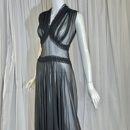 vintage 1930s evening dress, Old Hollywood Black Silk Chiffon totally sheer gown