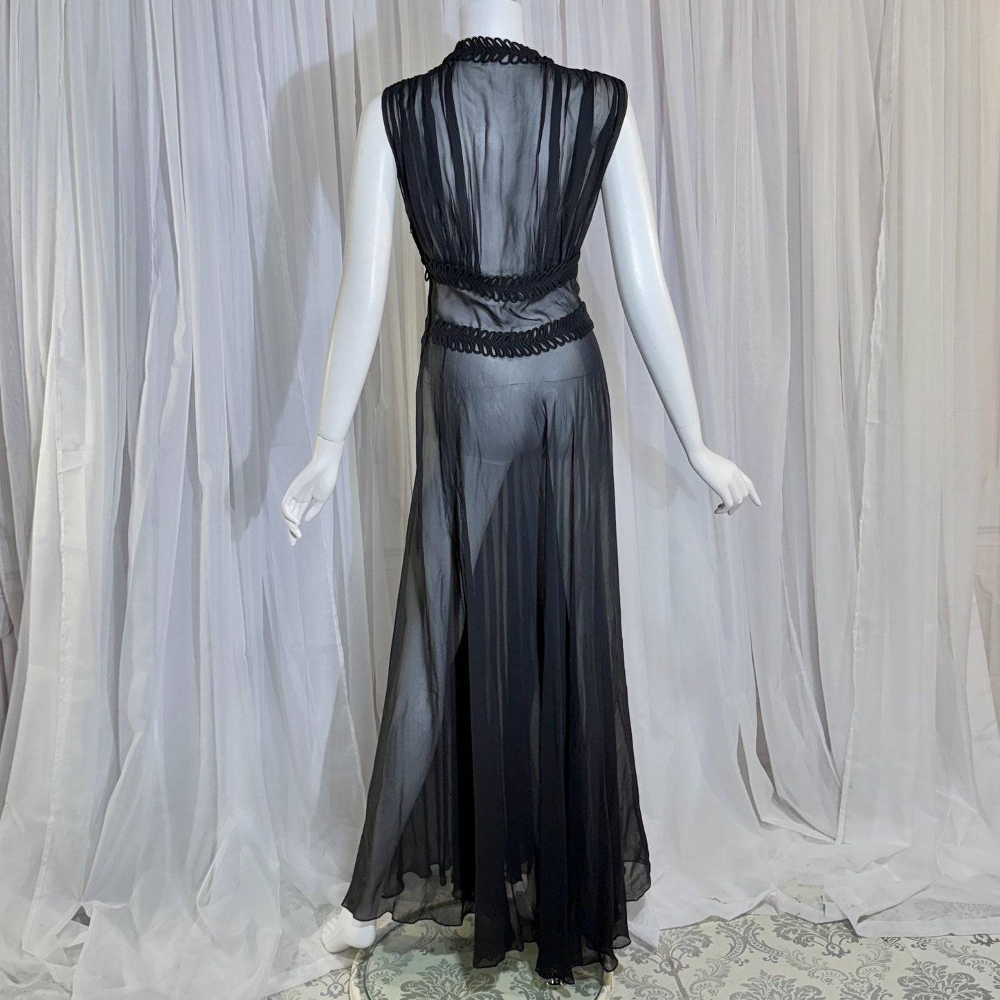 vintage 1930s evening dress, Old Hollywood Black Silk Chiffon totally sheer gown