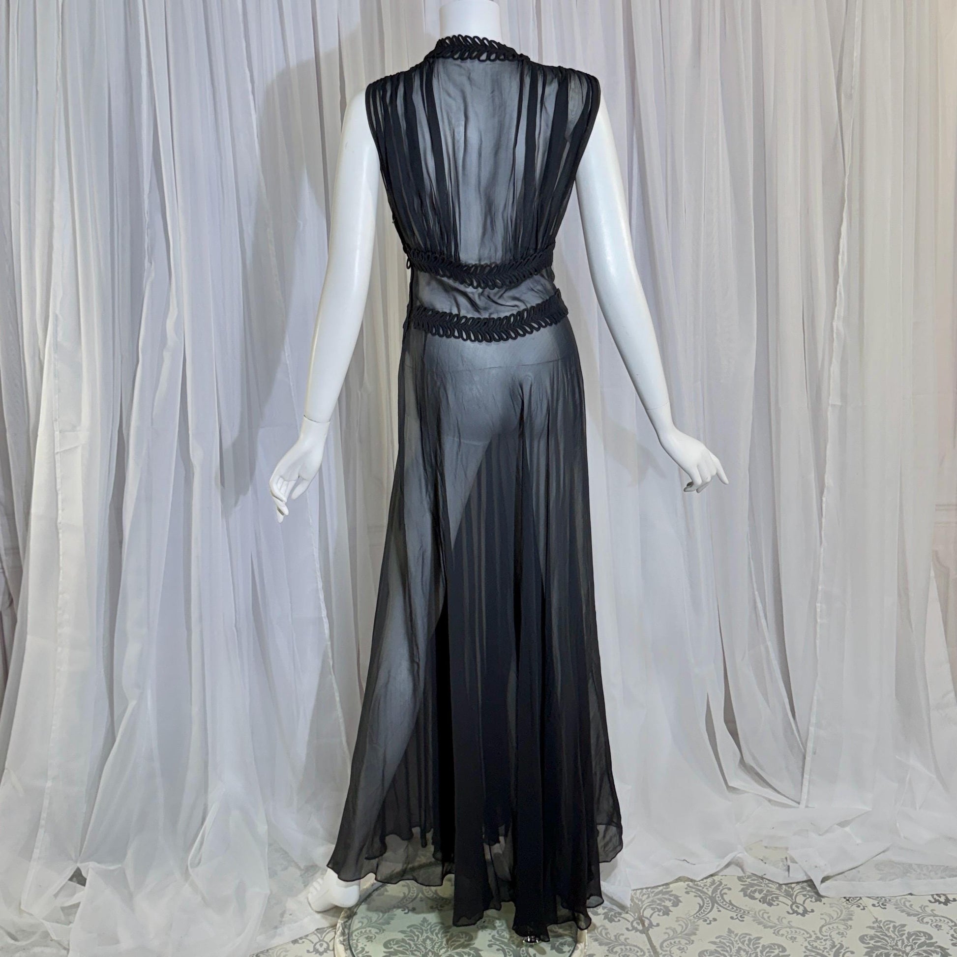 vintage 1930s evening dress, Old Hollywood Black Silk Chiffon totally sheer gown