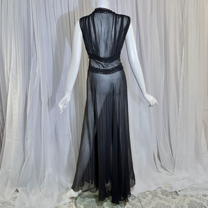 vintage 1930s evening dress, Old Hollywood Black Silk Chiffon totally sheer gown