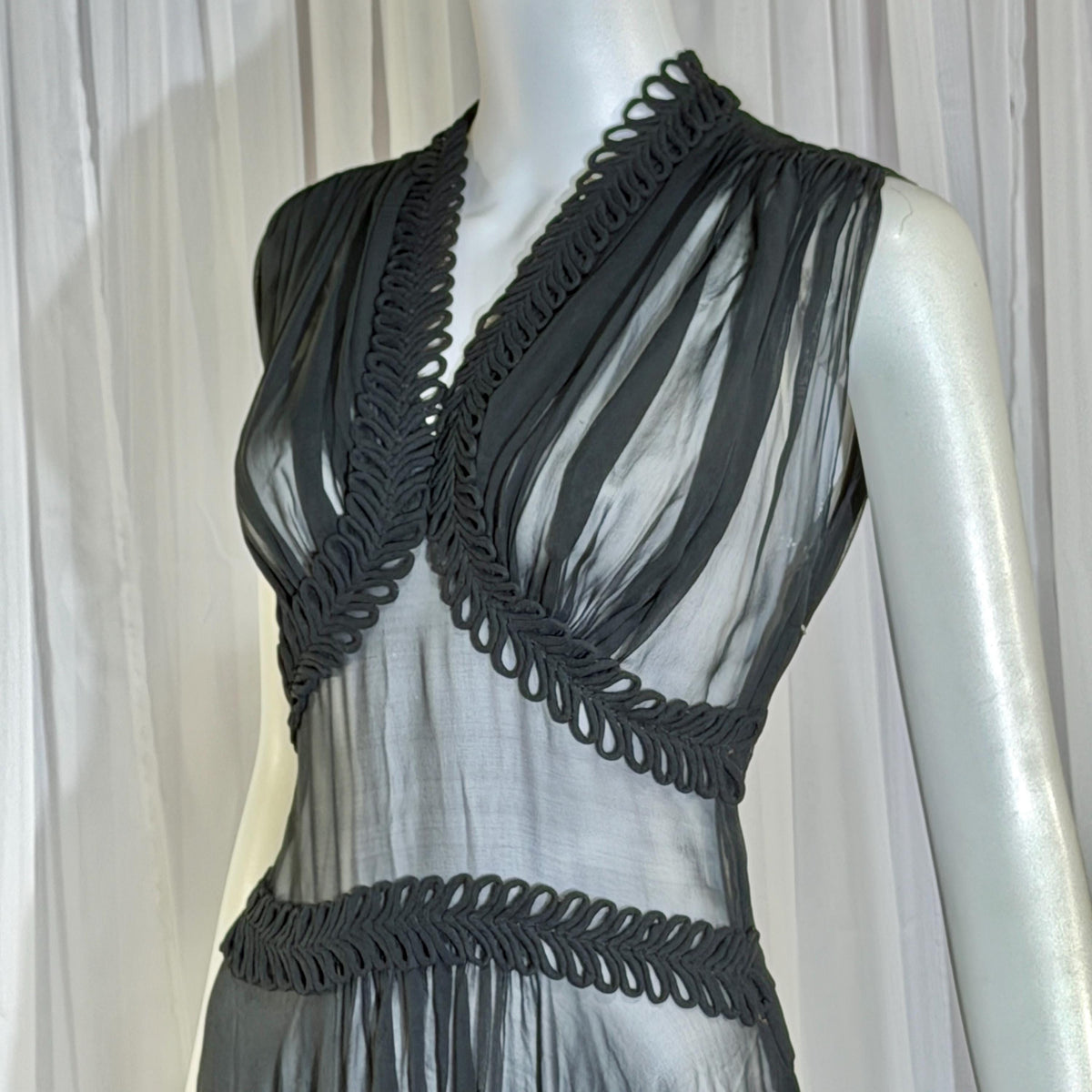 vintage 1930s evening dress, Old Hollywood Black Silk Chiffon totally sheer gown
