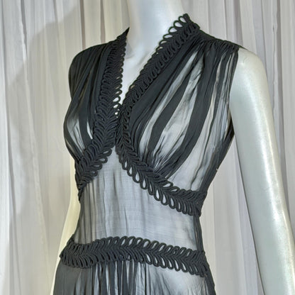 vintage 1930s evening dress, Old Hollywood Black Silk Chiffon totally sheer gown