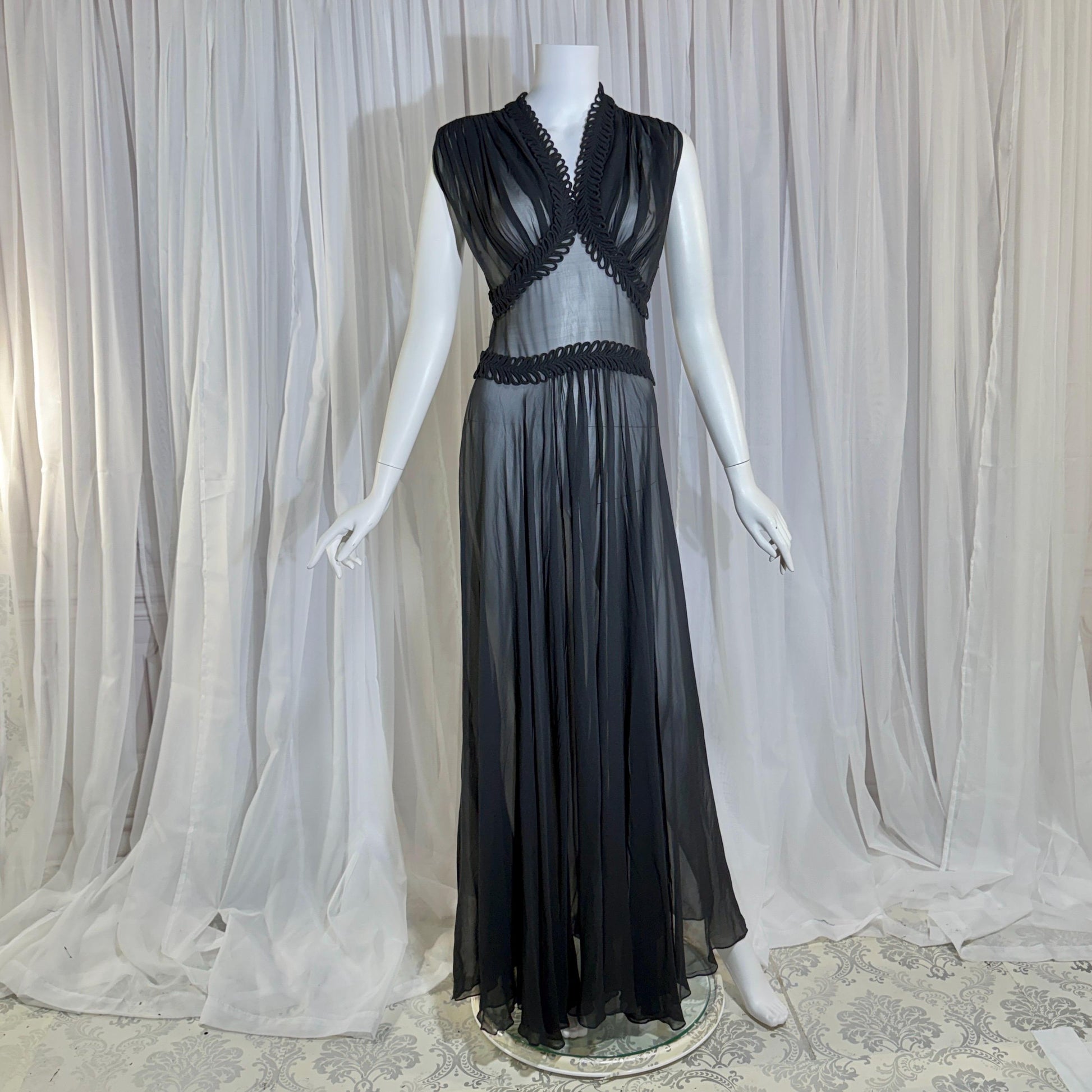 vintage 1930s evening dress, Old Hollywood Black Silk Chiffon totally sheer gown