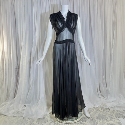 vintage 1930s evening dress, Old Hollywood Black Silk Chiffon totally sheer gown