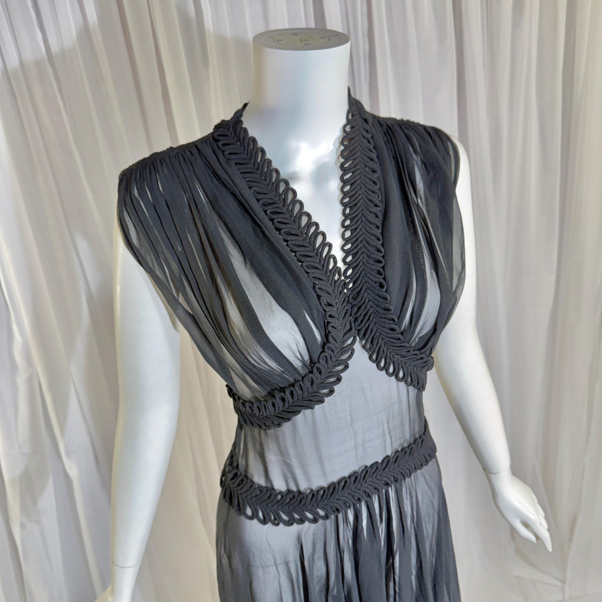 vintage 1930s evening dress, Old Hollywood Black Silk Chiffon totally sheer gown