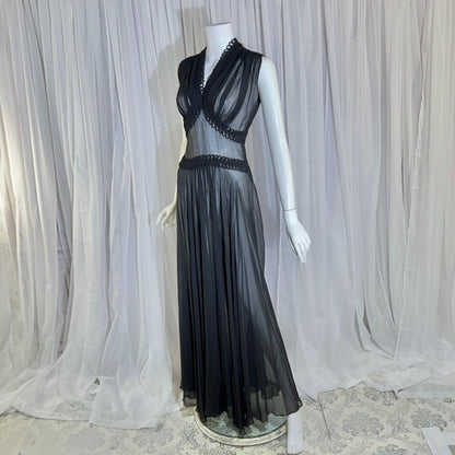 vintage 1930s evening dress, Old Hollywood Black Silk Chiffon totally sheer gown