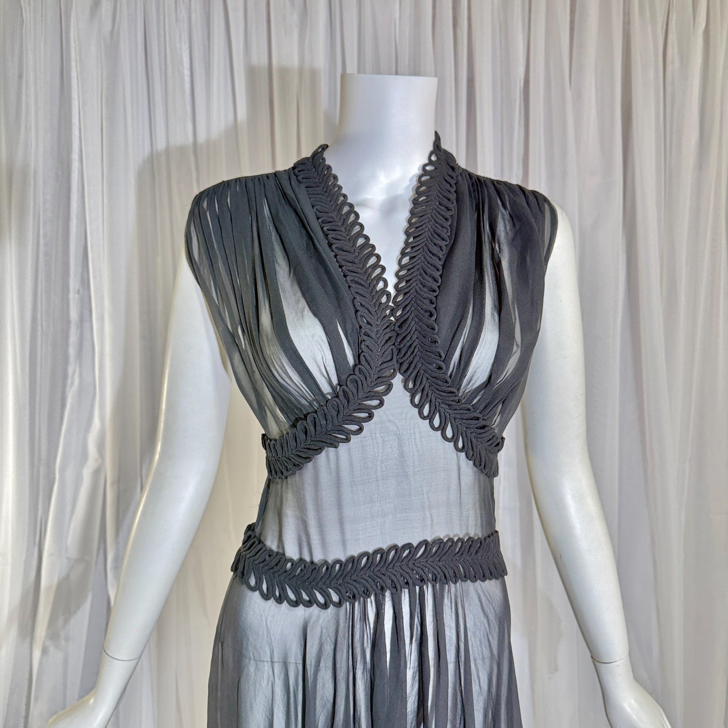 vintage 1930s evening dress, Old Hollywood Black Silk Chiffon totally sheer gown
