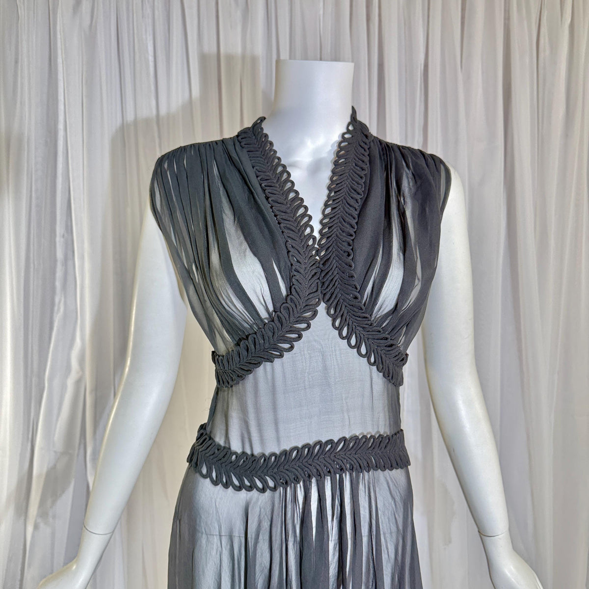 vintage 1930s evening dress, Old Hollywood Black Silk Chiffon totally sheer gown