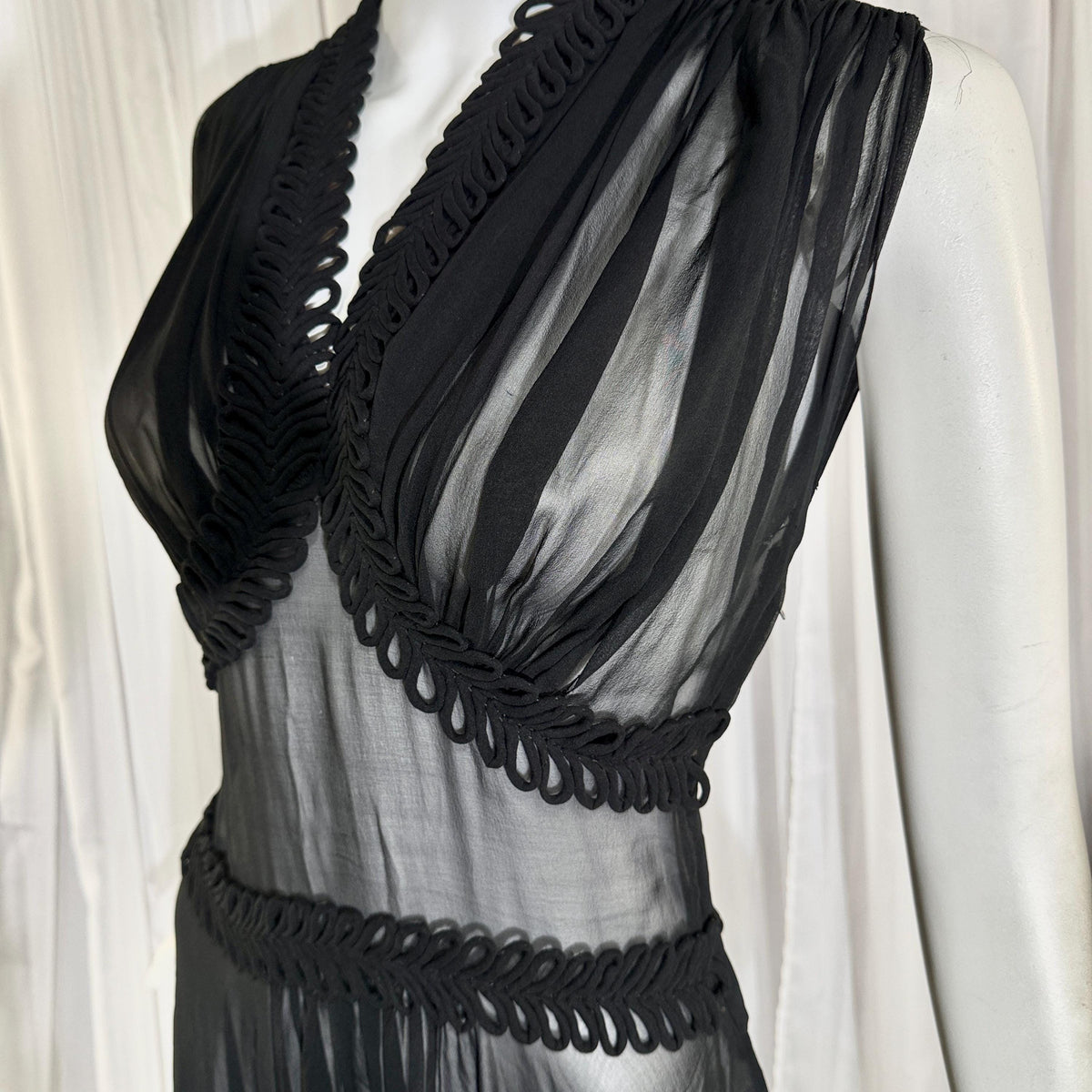 vintage 1930s evening dress, Old Hollywood Black Silk Chiffon totally sheer gown