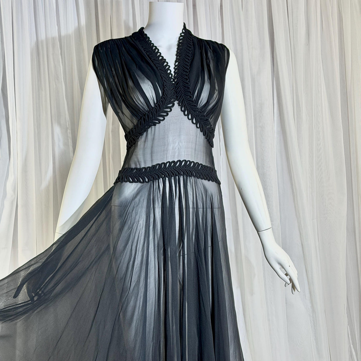 vintage 1930s evening dress, Old Hollywood Black Silk Chiffon totally sheer gown