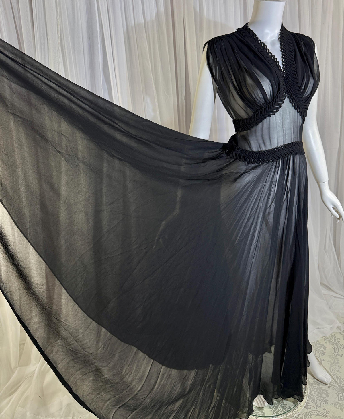 vintage 1930s evening dress, Old Hollywood Black Silk Chiffon totally sheer gown
