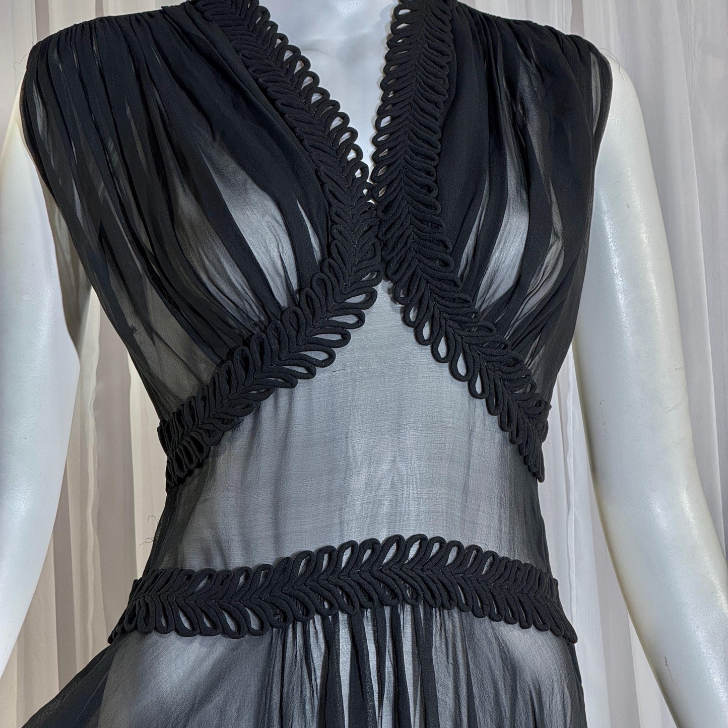 vintage 1930s evening dress, Old Hollywood Black Silk Chiffon totally sheer gown