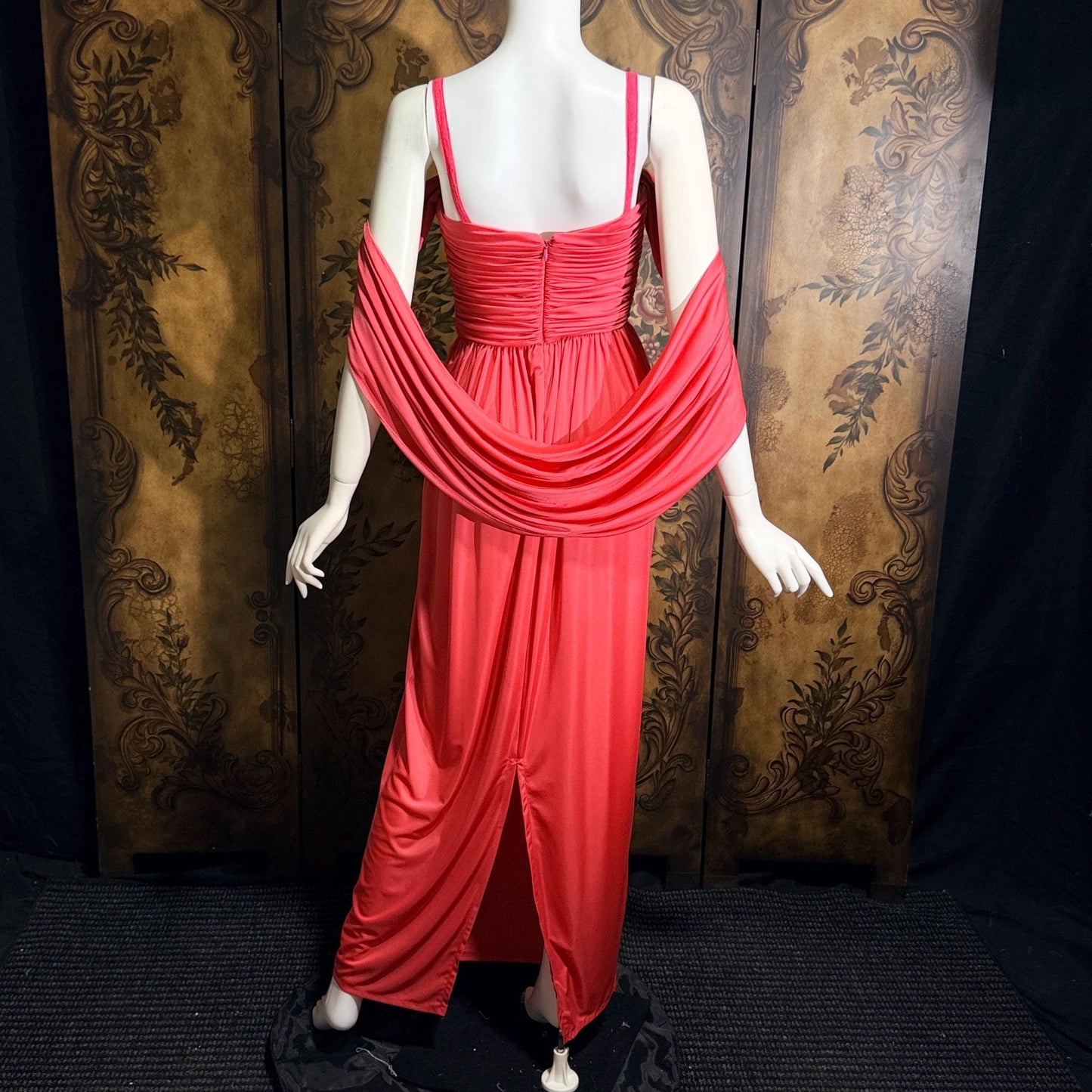vintage 1970s evening dress, MARITA ANTHONY MUTO Saks Coral Goddess gown with shoulder drape