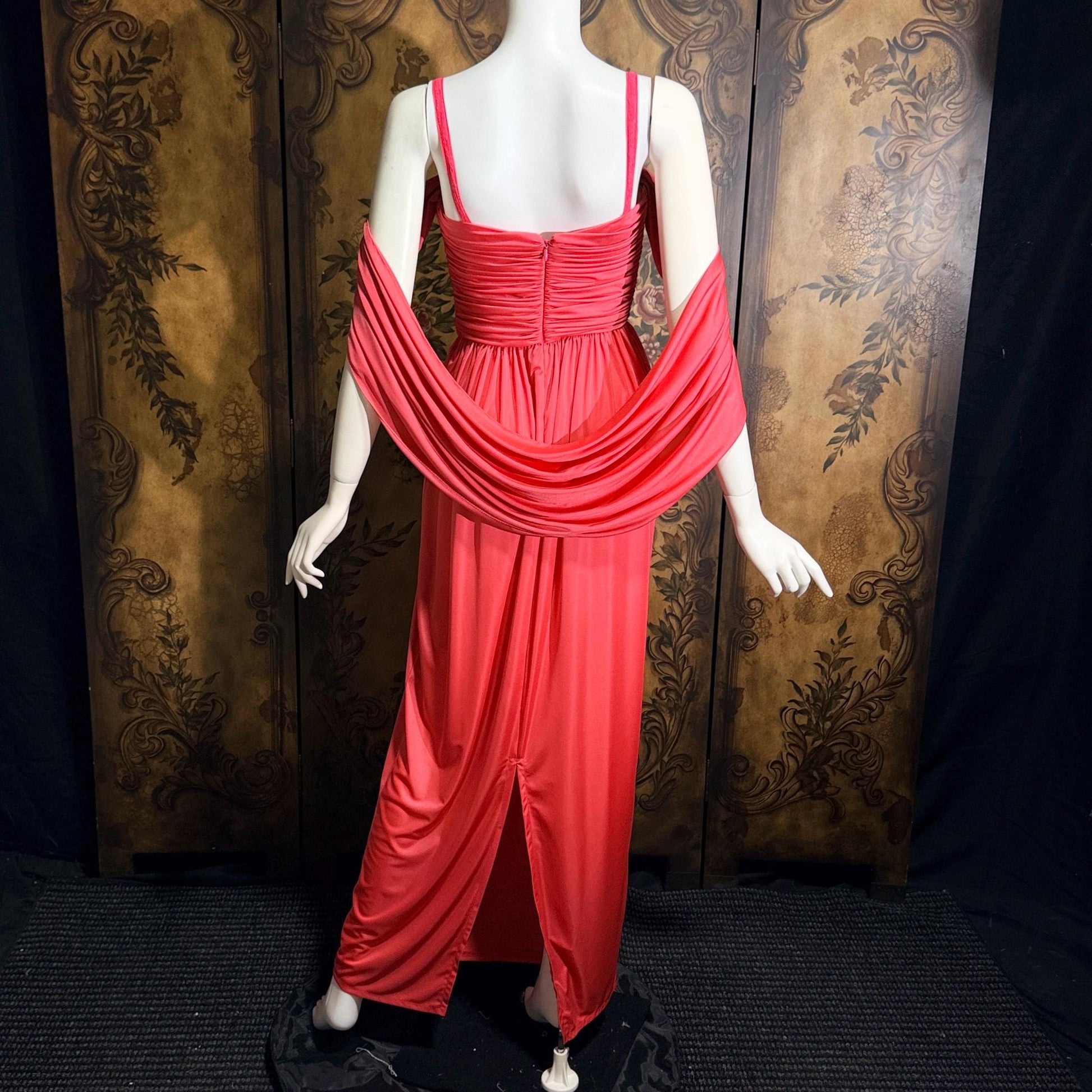 vintage 1970s evening dress, MARITA ANTHONY MUTO Saks Coral Goddess gown with shoulder drape