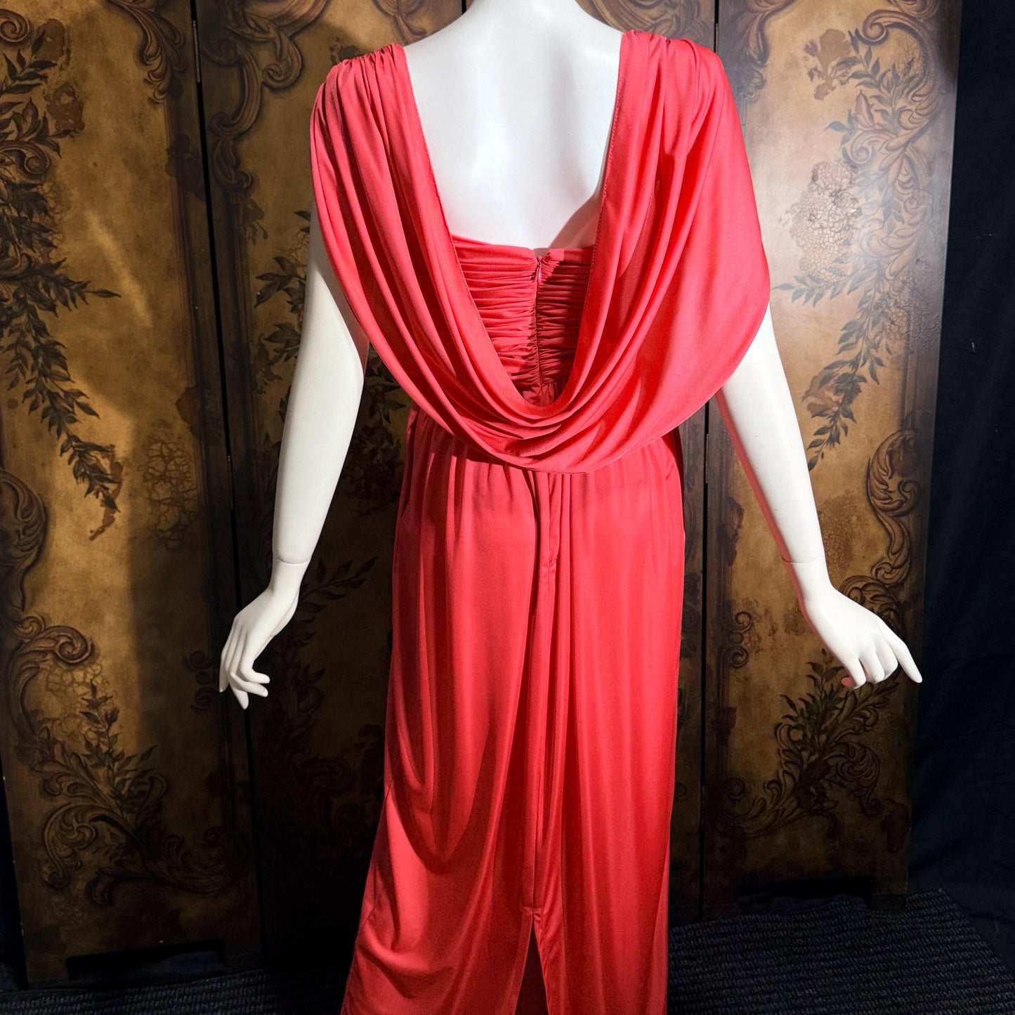 vintage 1970s evening dress, MARITA ANTHONY MUTO Saks Coral Goddess gown with shoulder drape