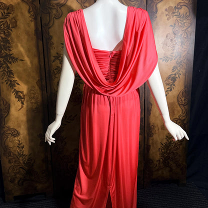 vintage 1970s evening dress, MARITA ANTHONY MUTO Saks Coral Goddess gown with shoulder drape