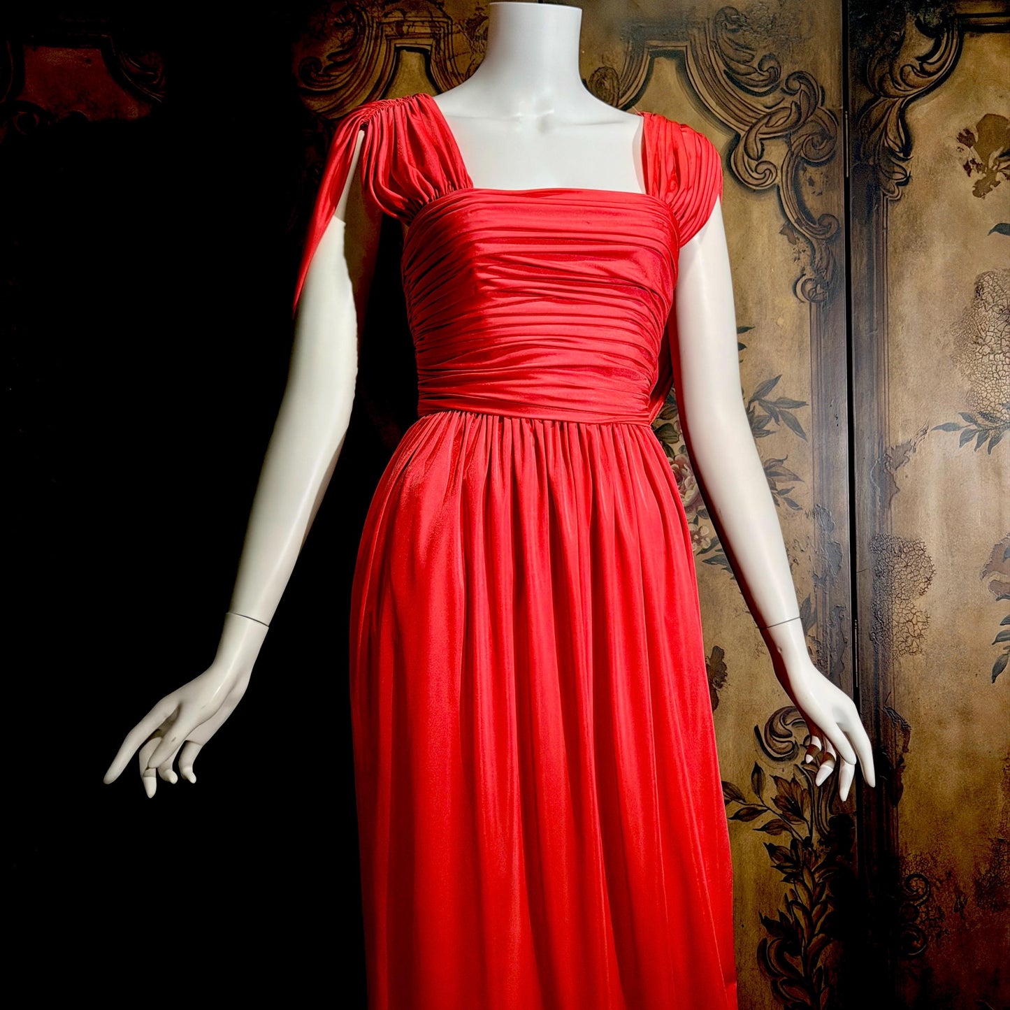 vintage 1970s evening dress, MARITA ANTHONY MUTO Saks Coral Goddess gown with shoulder drape