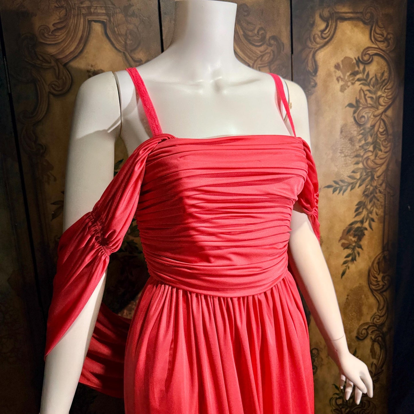 vintage 1970s evening dress, MARITA ANTHONY MUTO Saks Coral Goddess gown with shoulder drape