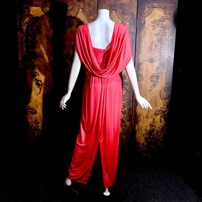 vintage 1970s evening dress, MARITA ANTHONY MUTO Saks Coral Goddess gown with shoulder drape