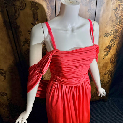vintage 1970s evening dress, MARITA ANTHONY MUTO Saks Coral Goddess gown with shoulder drape