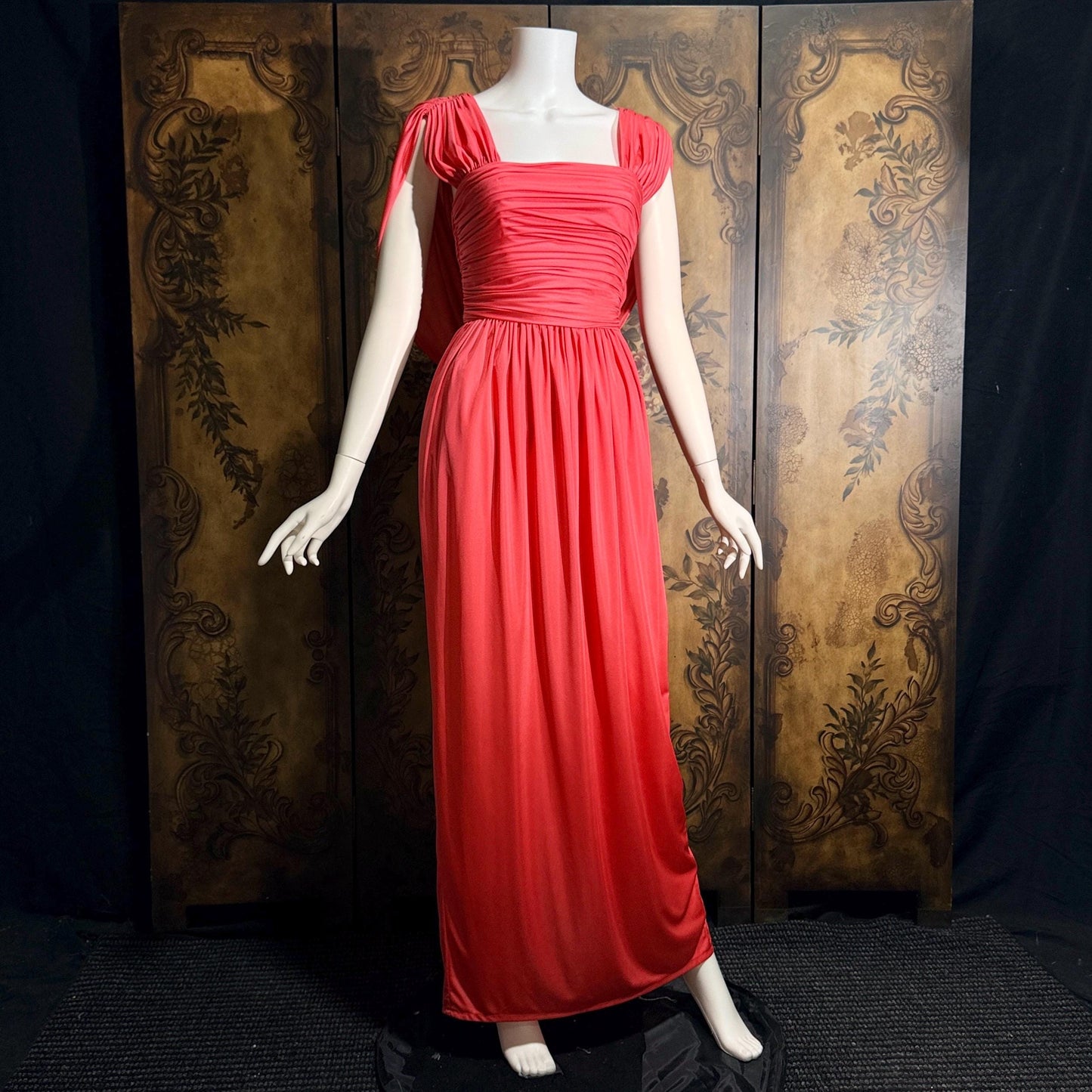 vintage 1970s evening dress, MARITA ANTHONY MUTO Saks Coral Goddess gown with shoulder drape
