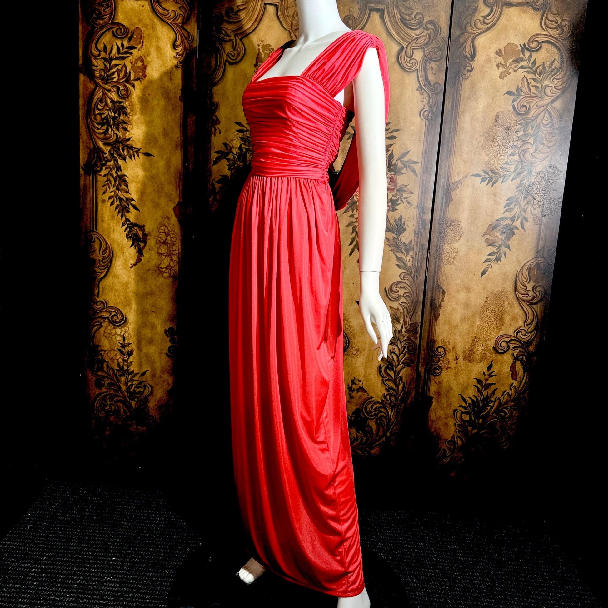 vintage 1970s evening dress, MARITA ANTHONY MUTO Saks Coral Goddess gown with shoulder drape