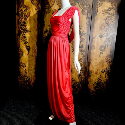 vintage 1970s evening dress, MARITA ANTHONY MUTO Saks Coral Goddess gown with shoulder drape