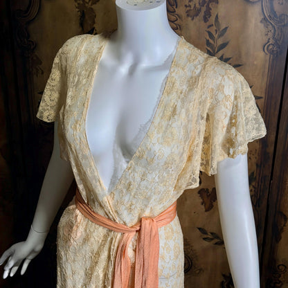 vintage 1930s dressing gown robe, Sheer French Ecru Alencon Lace Peignoir housecoat
