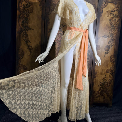 vintage 1930s dressing gown robe, Sheer French Ecru Alencon Lace Peignoir housecoat