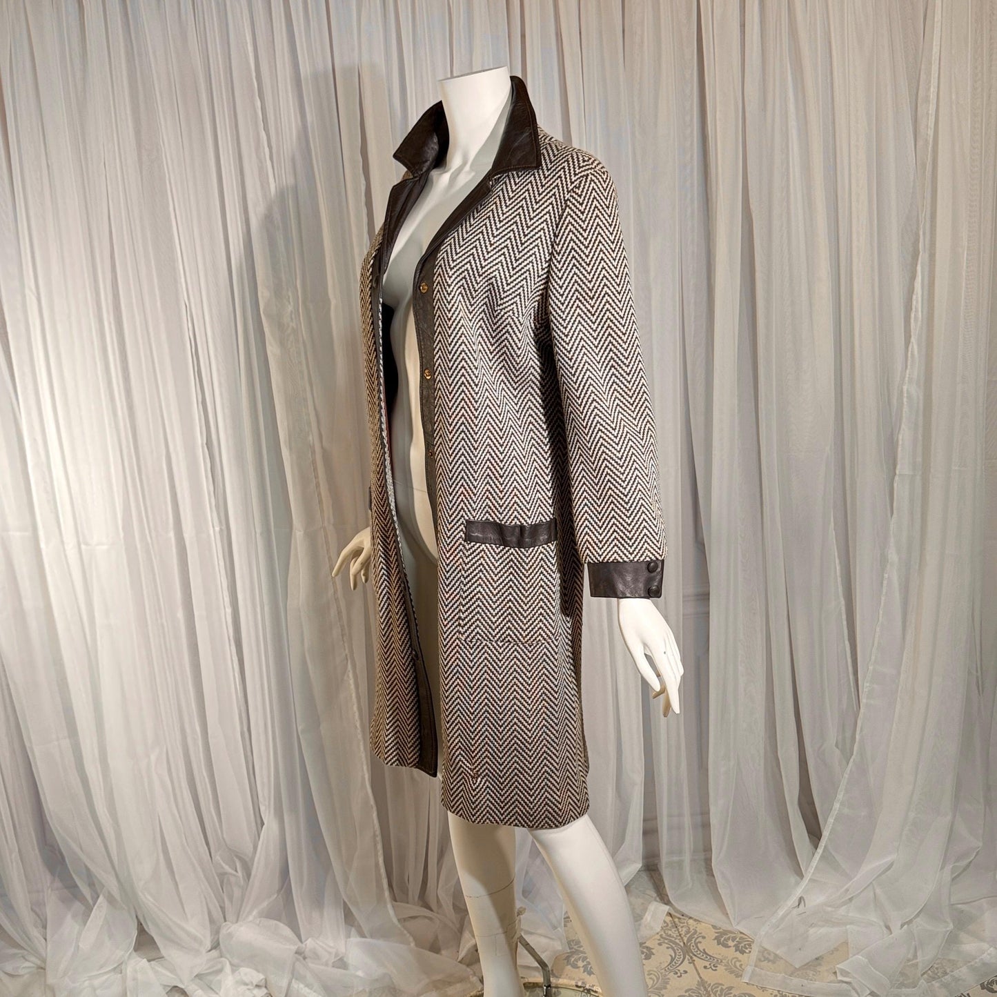 vintage 1960s Mod wool midi coat, The PHYLLIS LOOK brown chevron & leather walking coat