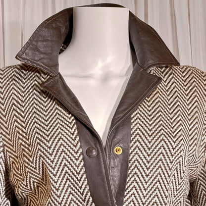 vintage 1960s Mod wool midi coat, The PHYLLIS LOOK brown chevron & leather walking coat
