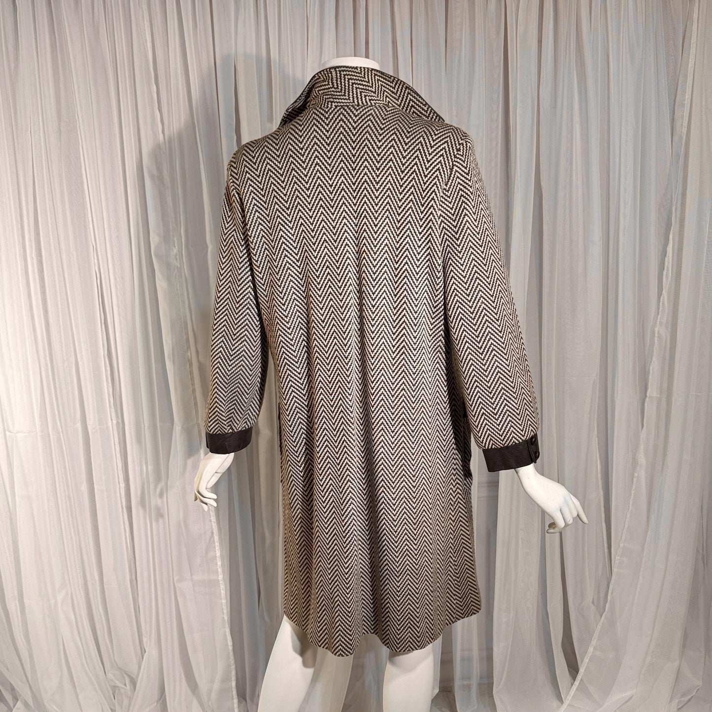 vintage 1960s Mod wool midi coat, The PHYLLIS LOOK brown chevron & leather walking coat