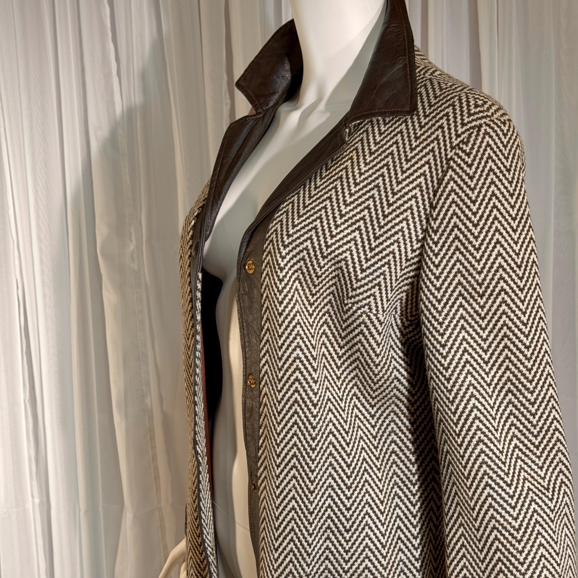 vintage 1960s Mod wool midi coat, The PHYLLIS LOOK brown chevron & leather walking coat
