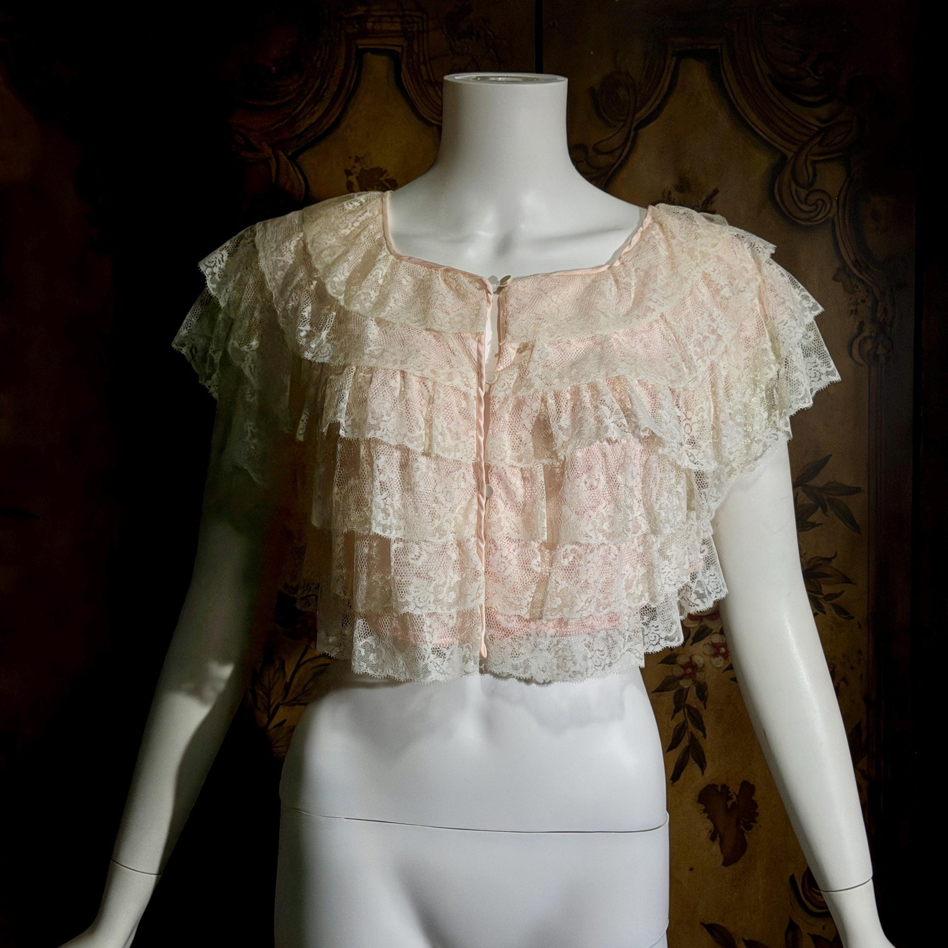 vintage 1950s bed night jacket, MONTALDO'S palest pink ruffled evening topper