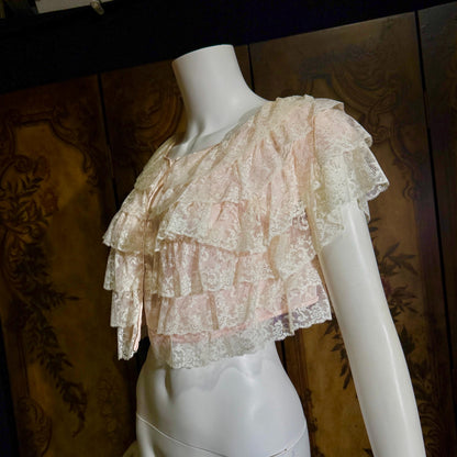 vintage 1950s bed night jacket, MONTALDO'S palest pink ruffled evening topper
