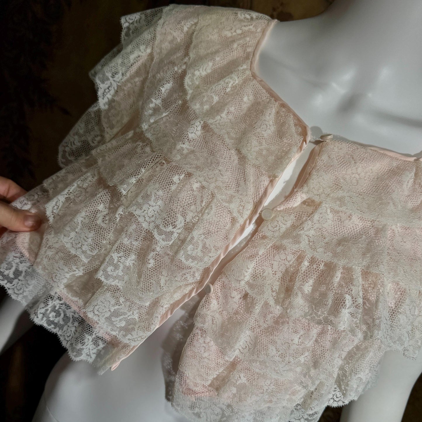 vintage 1950s bed night jacket, MONTALDO'S palest pink ruffled evening topper