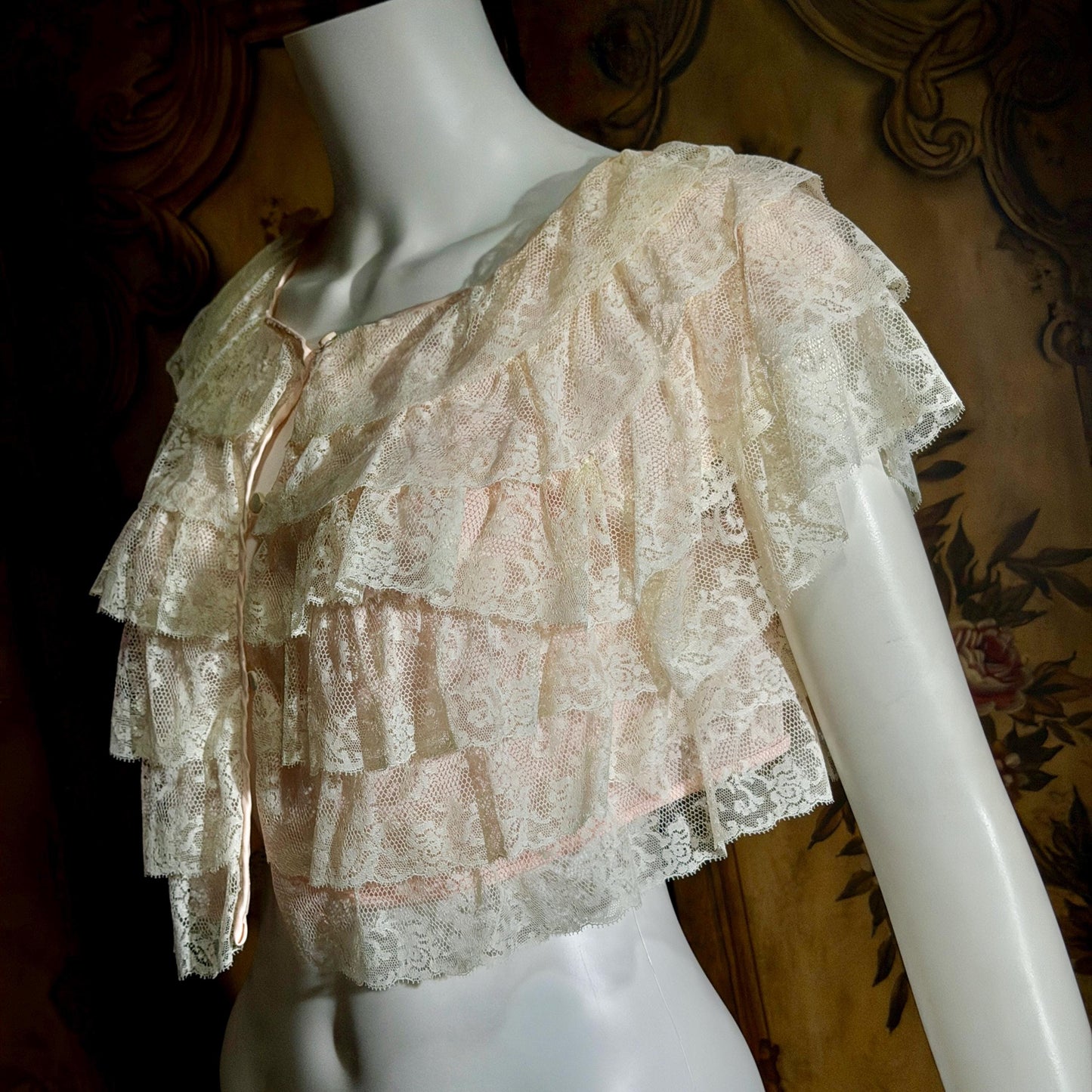 vintage 1950s bed night jacket, MONTALDO'S palest pink ruffled evening topper